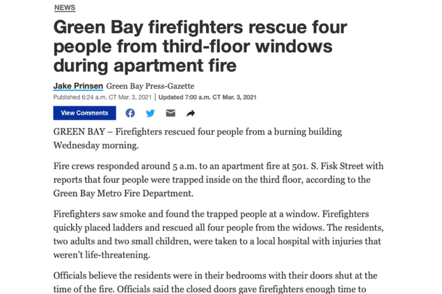 screenshot of news story Green Bay firefighters rescue four people from third-floor windows during apartment fire
