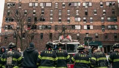 firefighters standing in front of apartment building