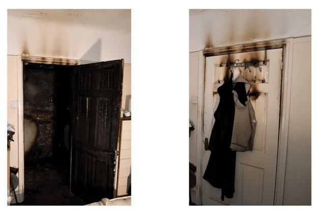 door to an open room and door to a closed room after a fire