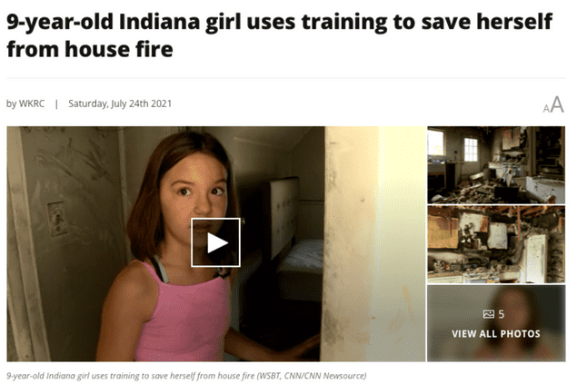 young girl and rooms from a house after a fire